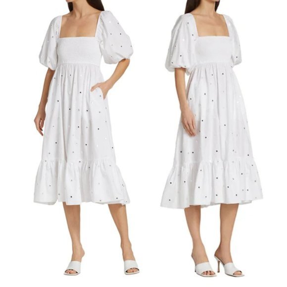 Rhode Eloise Eyelet Midi-dress White Mirror Smocked Bodice Puff Sleeves Small - Picture 2 of 8